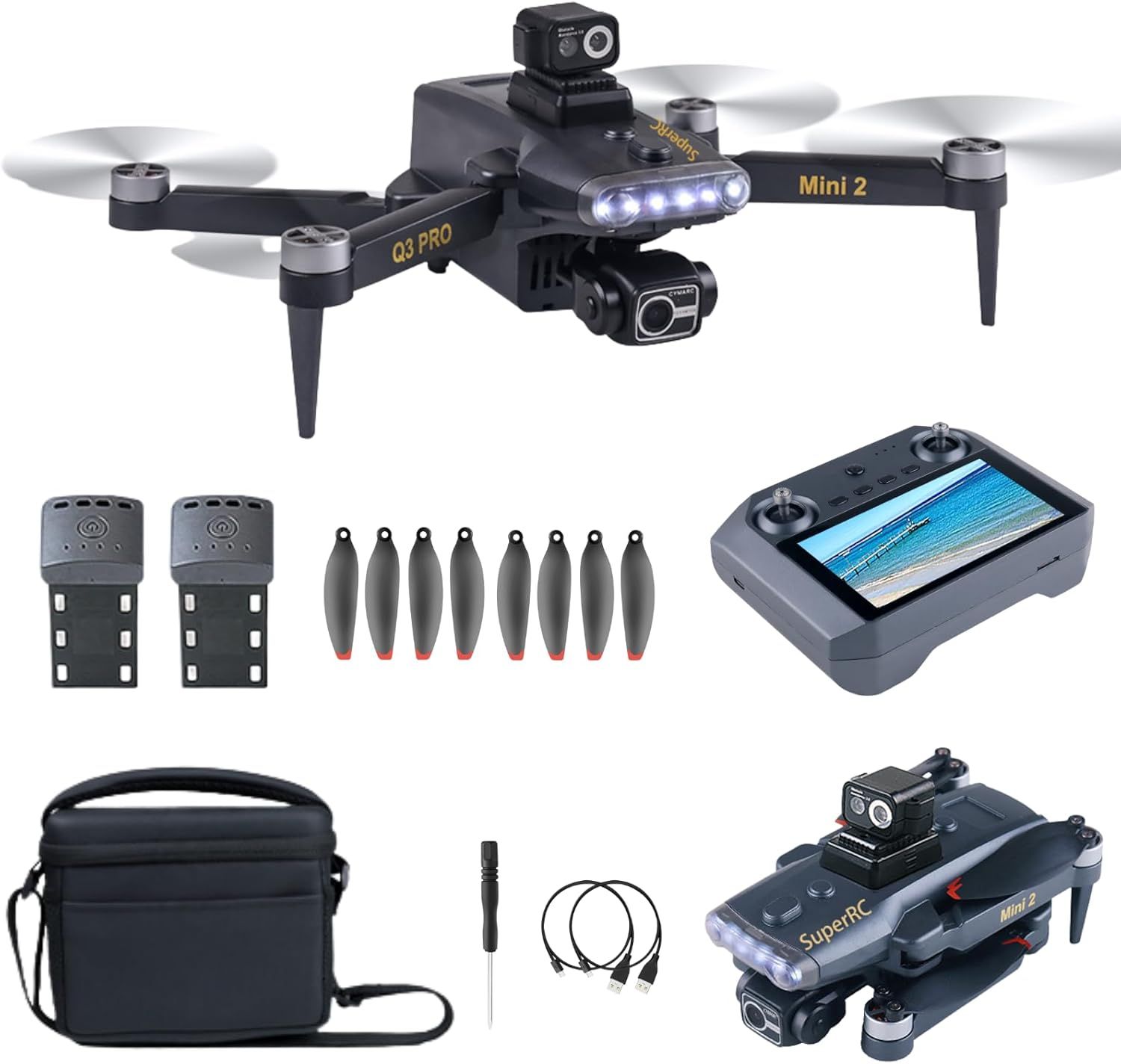 Shows the core product, a foldable drone with dual cameras and LED lighting, clearly displayed to help shoppers understand what they are purchasing. Demonstrates the comprehensive package contents…