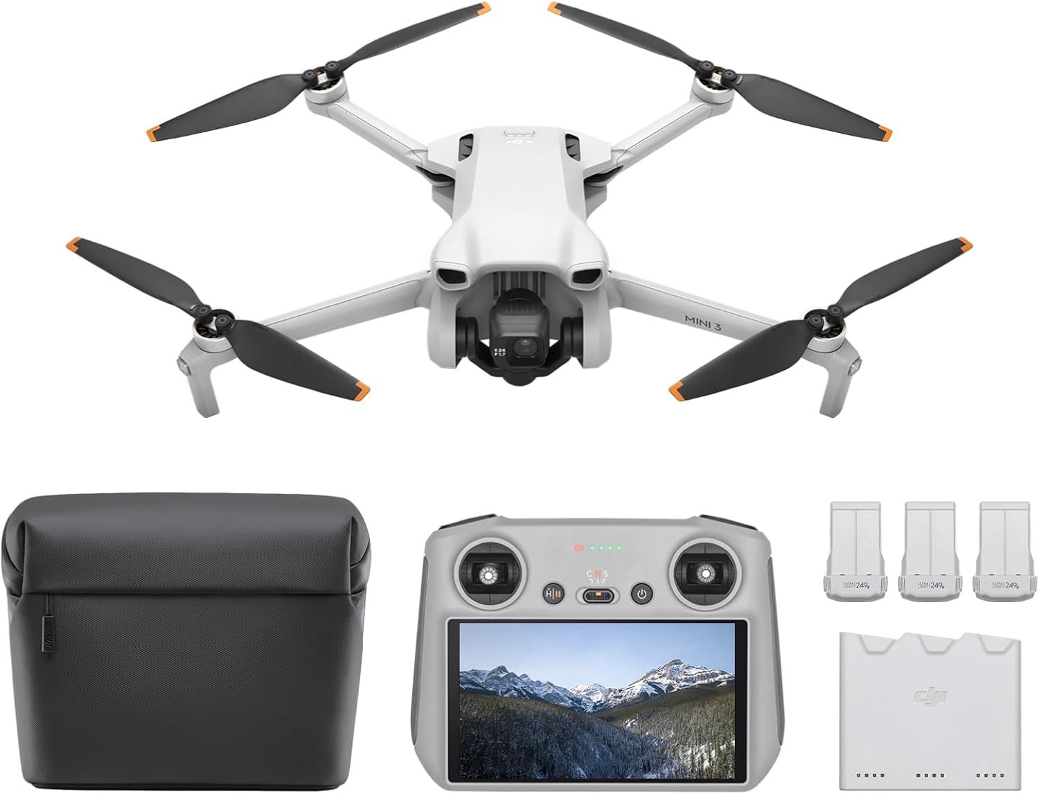 Displays the core drone product along with all included accessories to show the shopper exactly what they will receive in the purchase. Demonstrates the complete package contents including the…