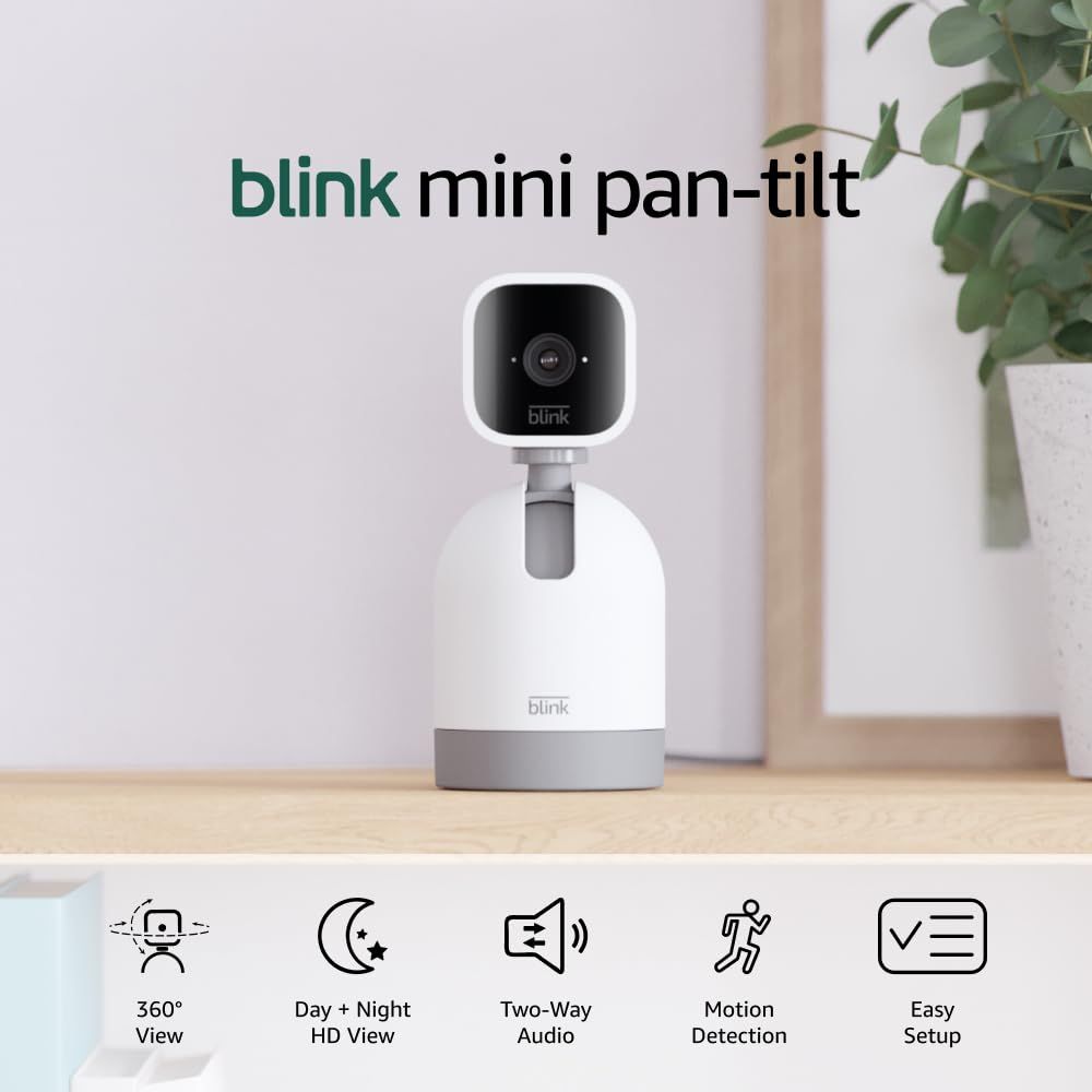 Shows the Blink Mini Pan-Tilt camera system in a lifestyle setting to help shoppers visualize the product in their home while highlighting key features like 360-degree view, day and night HD view,…