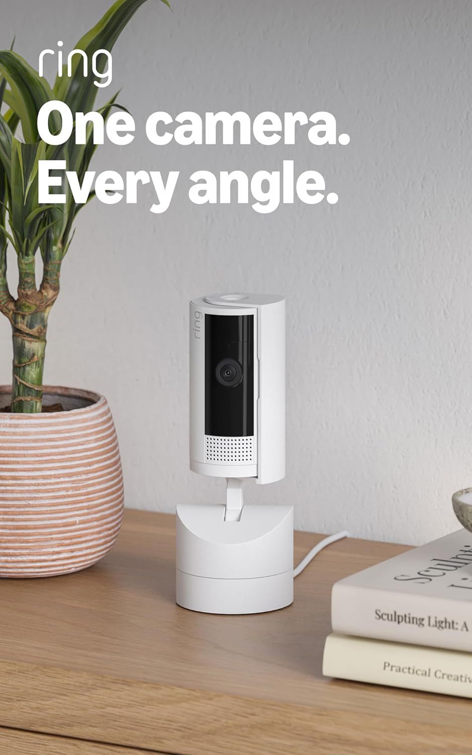Communicates that this Ring security camera offers comprehensive 360-degree or wide-angle monitoring capability, reassuring shoppers they can capture every angle of their space with a single device.…