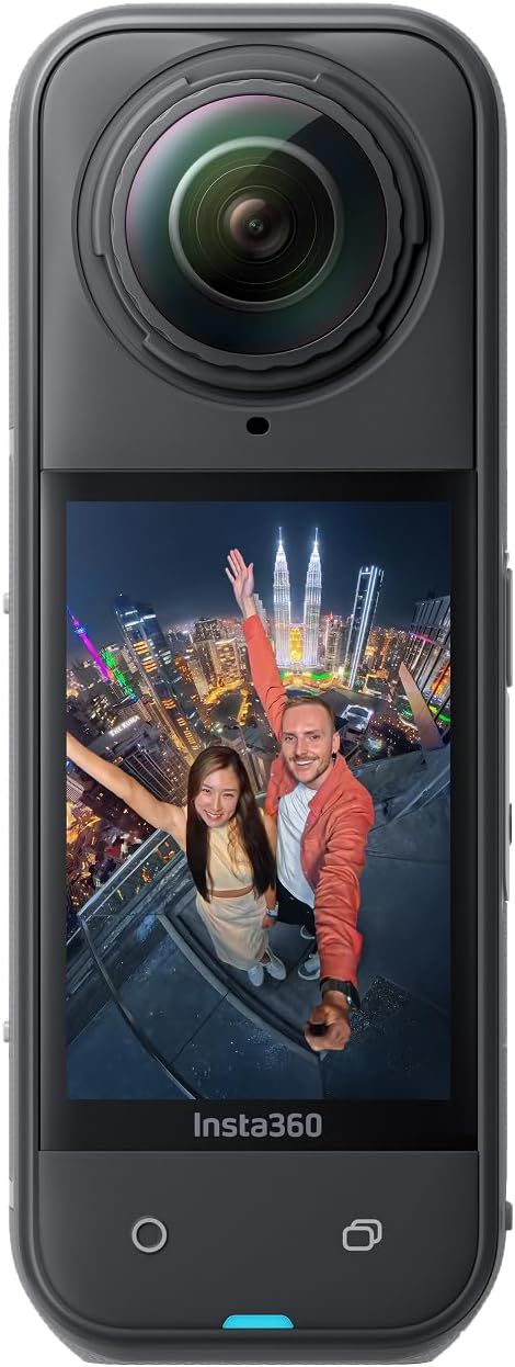 Shows the core product clearly with its distinctive dual-lens design and touchscreen display featuring sample output, helping shoppers understand what the camera looks like and what type of content…