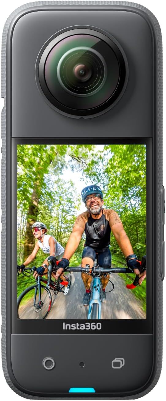 Shows the core product, an Insta360 action camera, with its prominent lens and built-in display screen showing sample footage to communicate its video capture capabilities. Demonstrates the camera's…