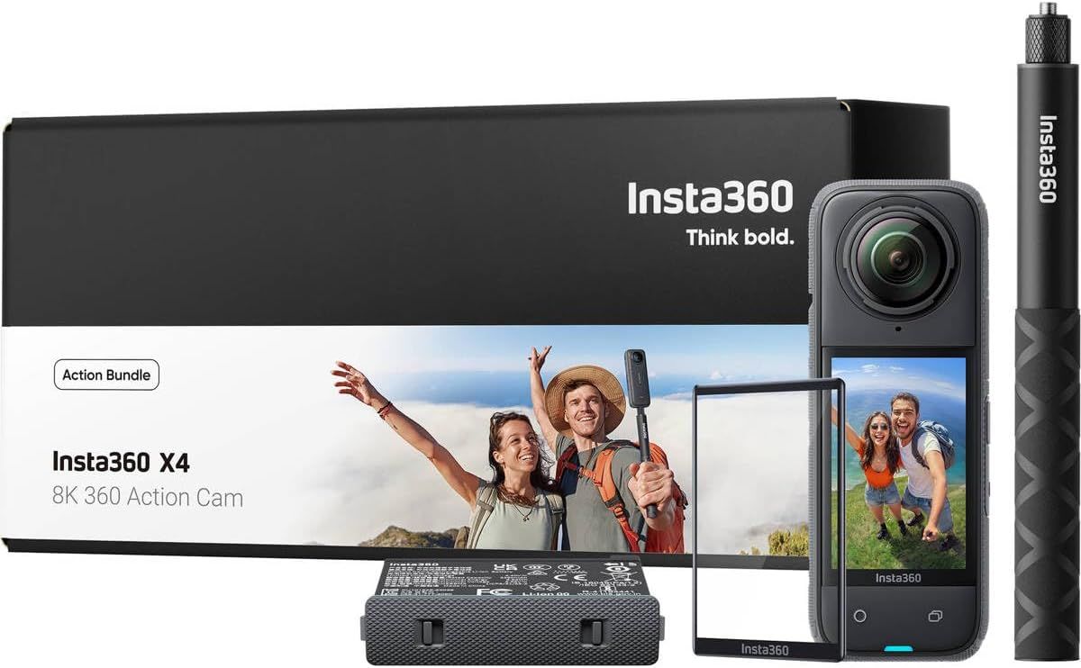 Displays the complete Insta360 X4 action camera bundle including the camera, retail packaging, battery, and selfie stick to show shoppers everything included in the purchase. Shows the additional…