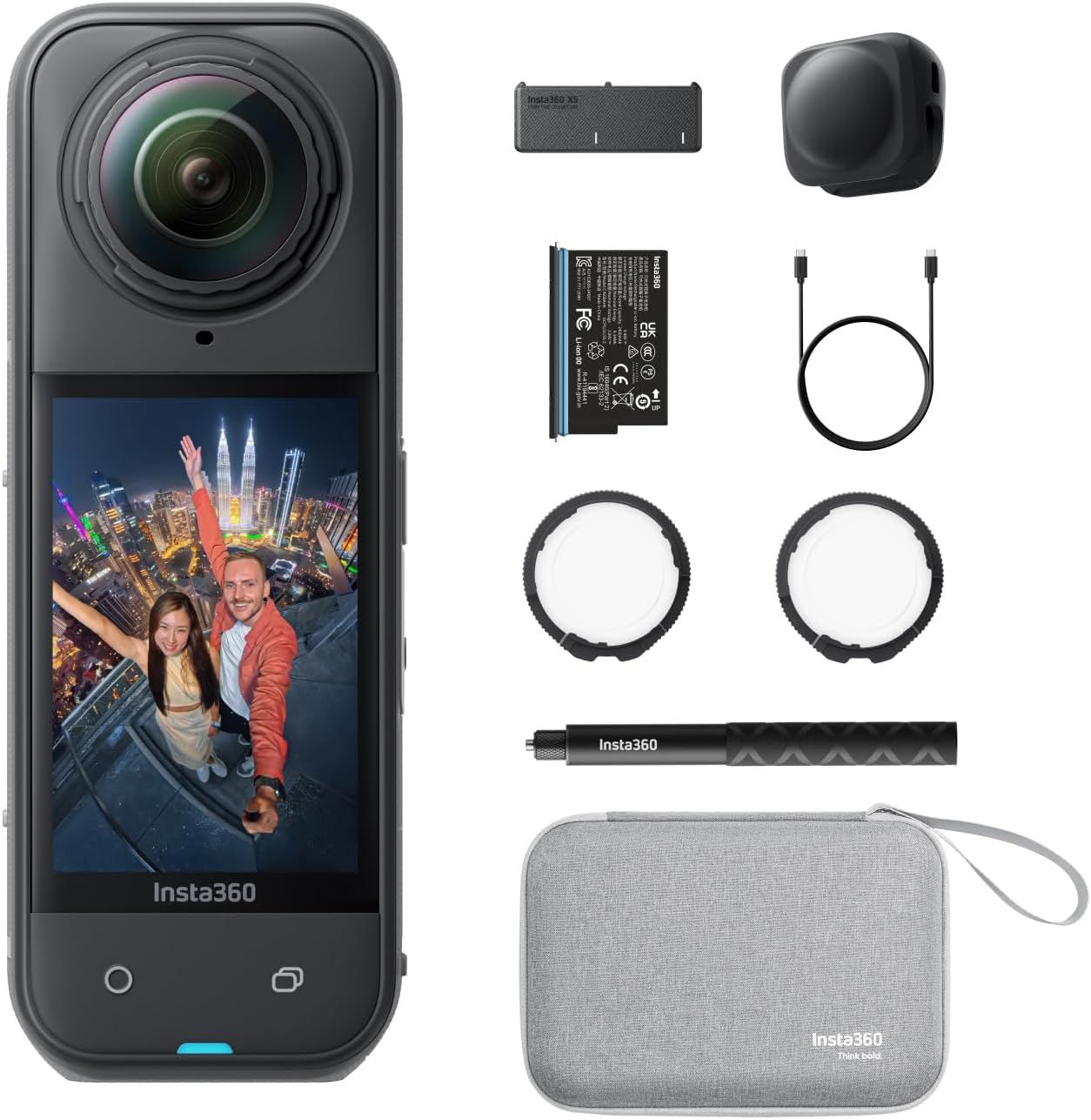 Shows the core Insta360 camera product along with all included accessories to communicate the complete package the buyer will receive. Displays all the included accessories and parts that come with…