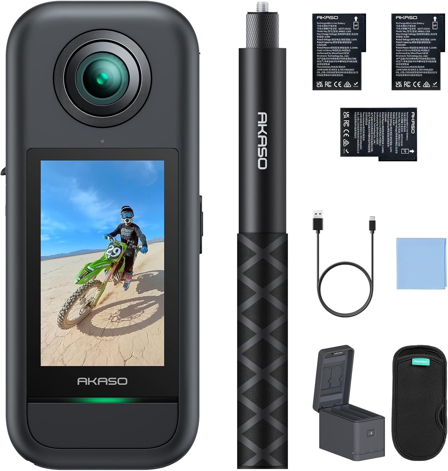 Shows the core product, an AKASO 360-degree action camera with integrated touchscreen display, demonstrating its form factor and key design features to help shoppers understand what they are…