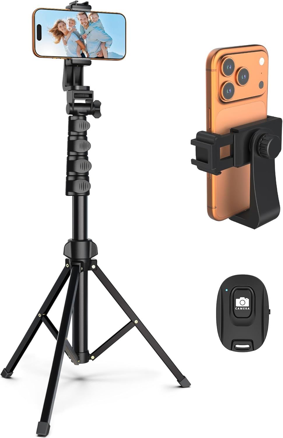 Shows the complete selfie stick tripod system with all included components to communicate the full product offering and demonstrate how the phone mounts and remote work together. Displays the…
