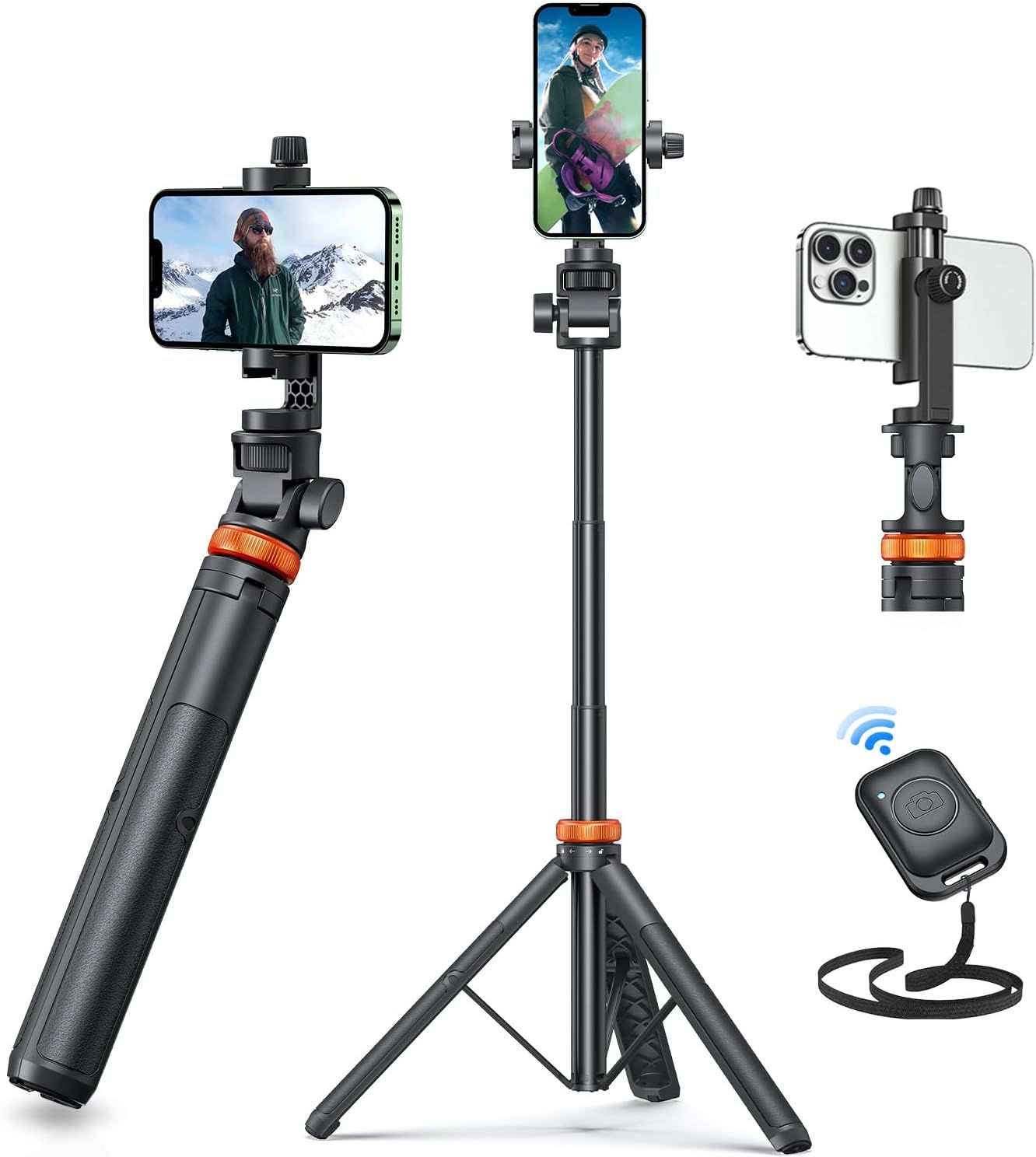 Shows the complete smartphone tripod/selfie stick system with all its components and configurations to communicate versatility and functionality to shoppers looking for a comprehensive mobile…