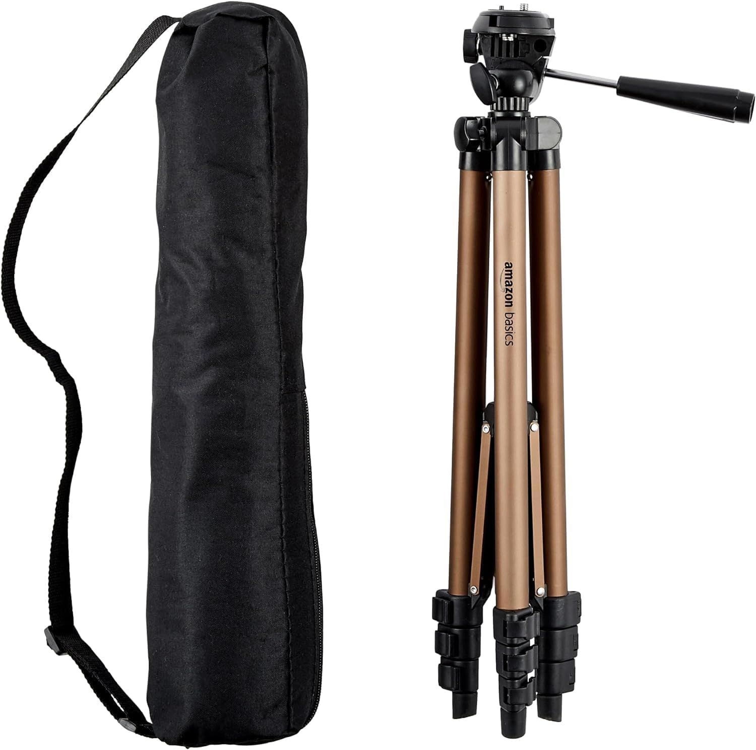 Displays the core product—a camera tripod with fluid head and pan handle—alongside its included carrying case to show what the buyer receives. Shows the included carrying case accessory that comes…