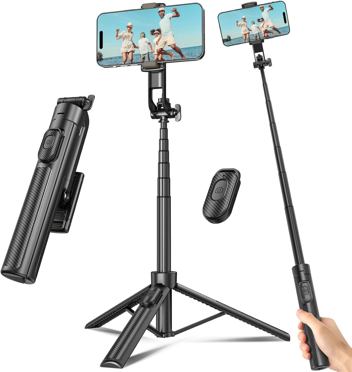 Shows the core product—a versatile selfie stick with tripod functionality and wireless remote—in multiple configurations to communicate its flexibility and complete package contents. Highlights the…
