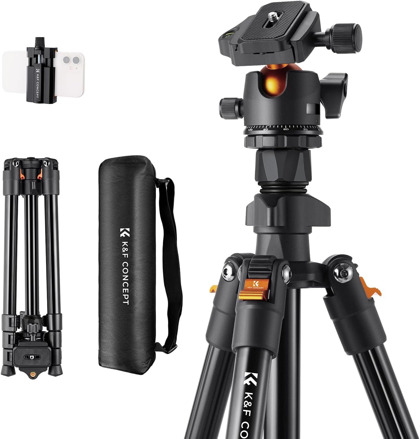 Shows the complete tripod system with all its components to communicate the full product offering, including the tripod, ball head mount, phone adapter, carrying case, and collapsed view for…