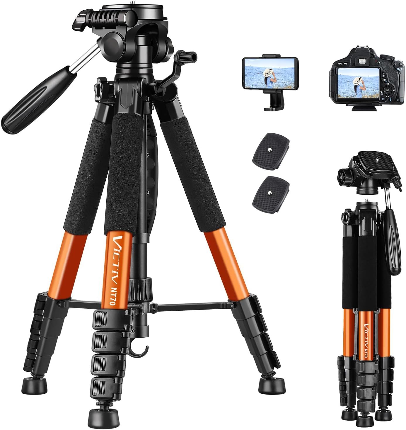 Displays the core product, a camera tripod with orange legs and black foam grips, clearly showing its design and build quality to help shoppers understand what they are purchasing. Shows all…
