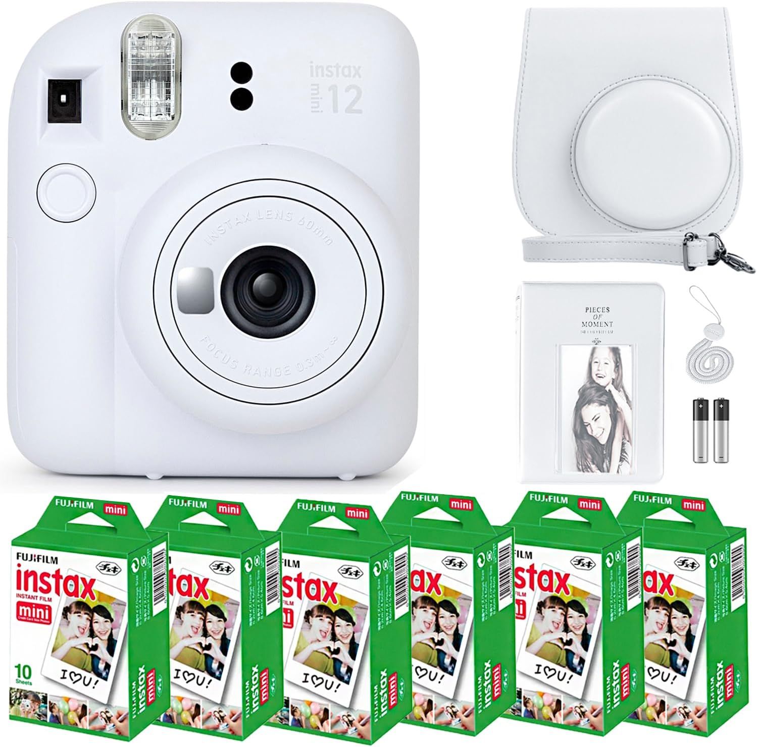 Displays the complete Instax Mini 12 instant camera bundle including the camera, protective case, accessories, and film packs to show shoppers everything included in the purchase. Showcases all the…