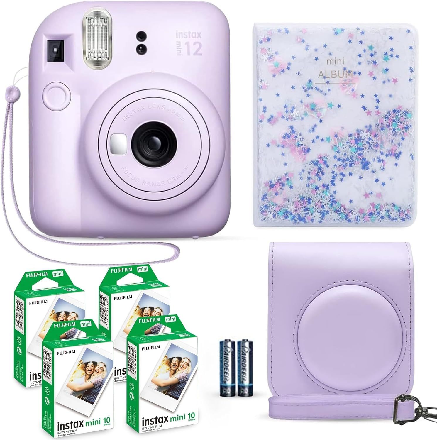 Shows the core Instax Mini 12 instant camera along with all included accessories and extras to communicate the complete bundle value to the shopper. Displays all the included accessories and extras…
