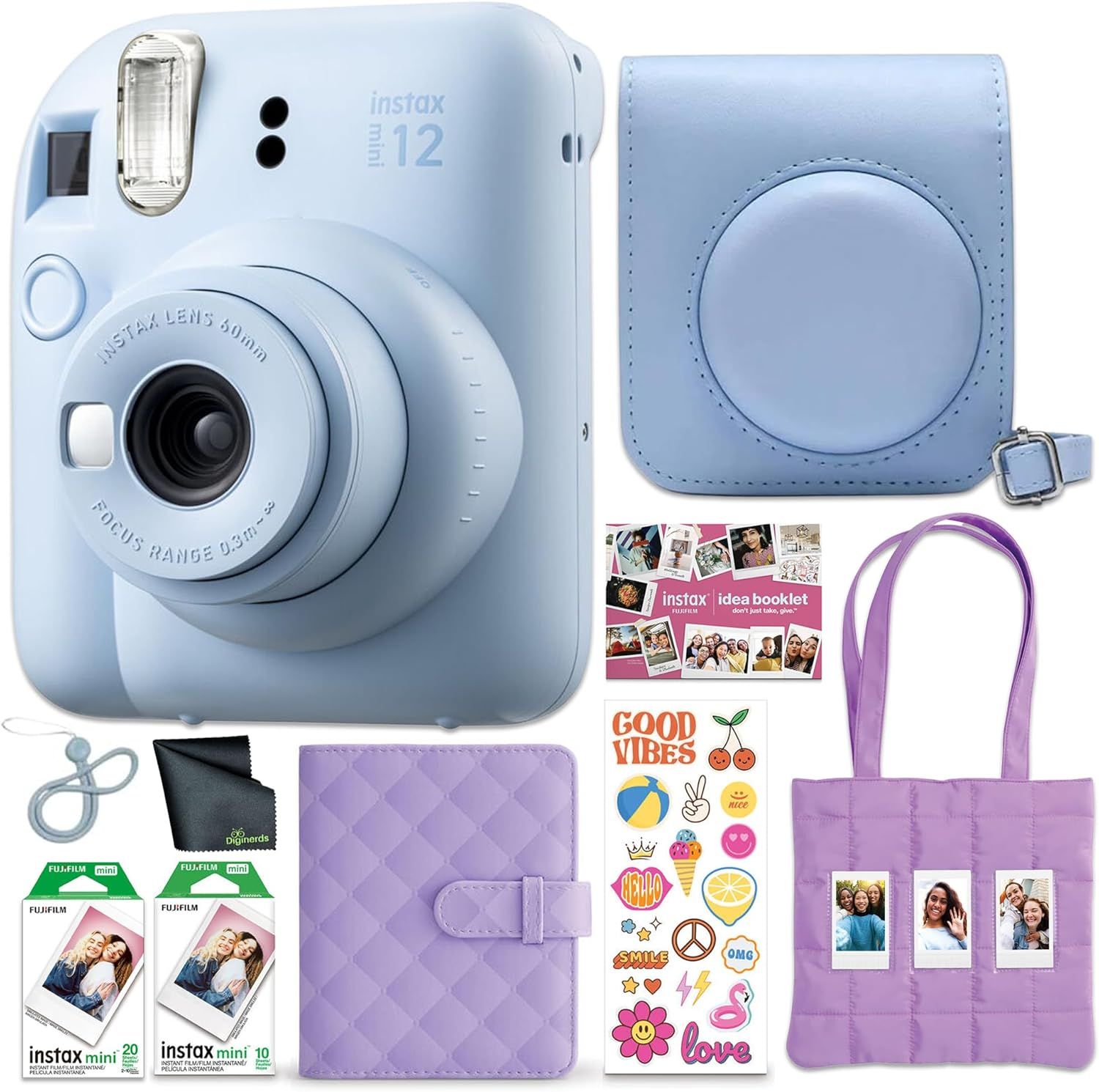 Displays the complete Instax Mini 12 camera bundle with all included accessories to show shoppers exactly what they will receive in their purchase. Showcases all the bonus accessories included with…
