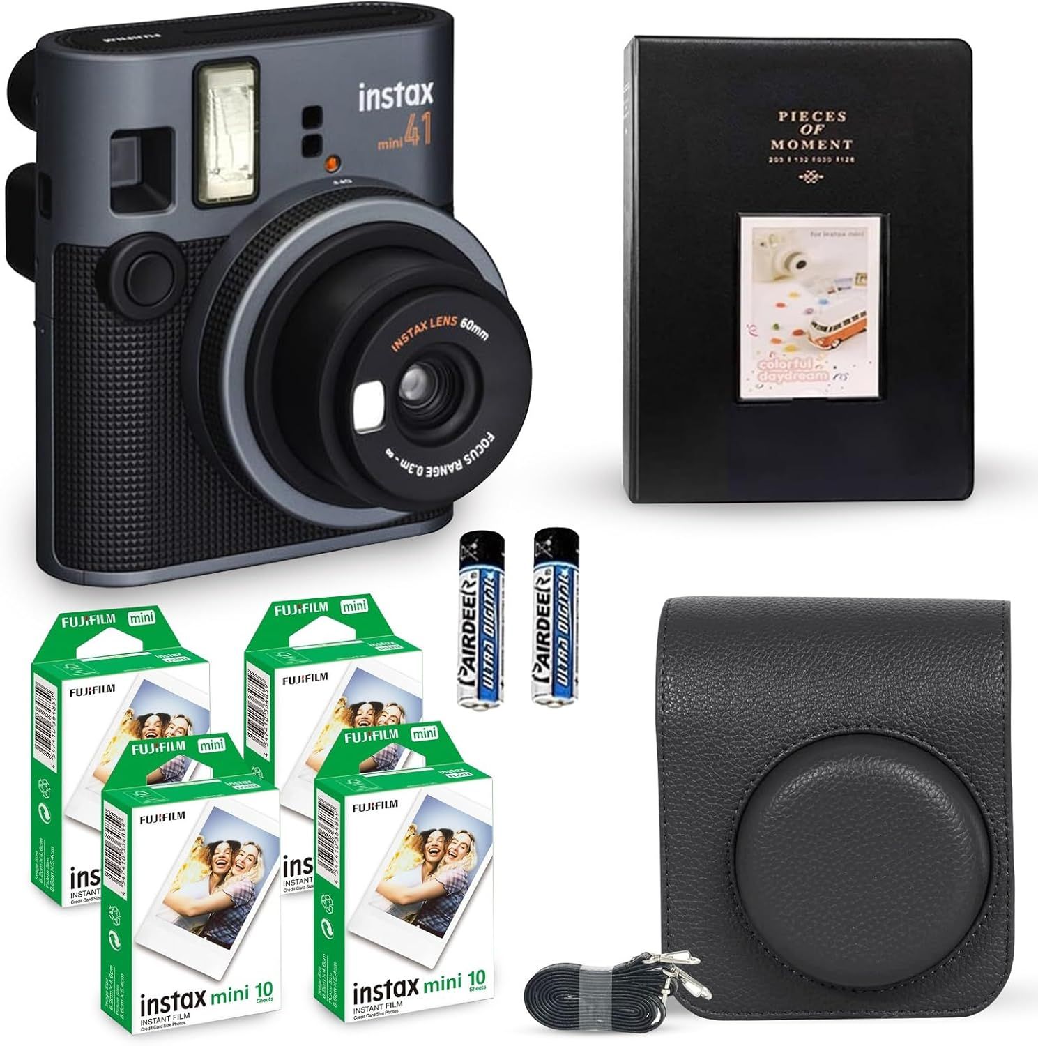 Displays the Instax Mini 41 instant camera along with all included accessories and extras to show shoppers everything they receive in the bundle purchase. Shows all the included accessories that…