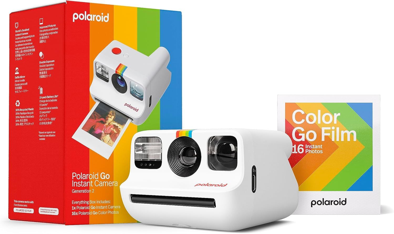 Displays the core Polaroid Go instant camera product alongside its retail packaging and included film pack to show shoppers exactly what they will receive. Shows the colorful retail packaging and…