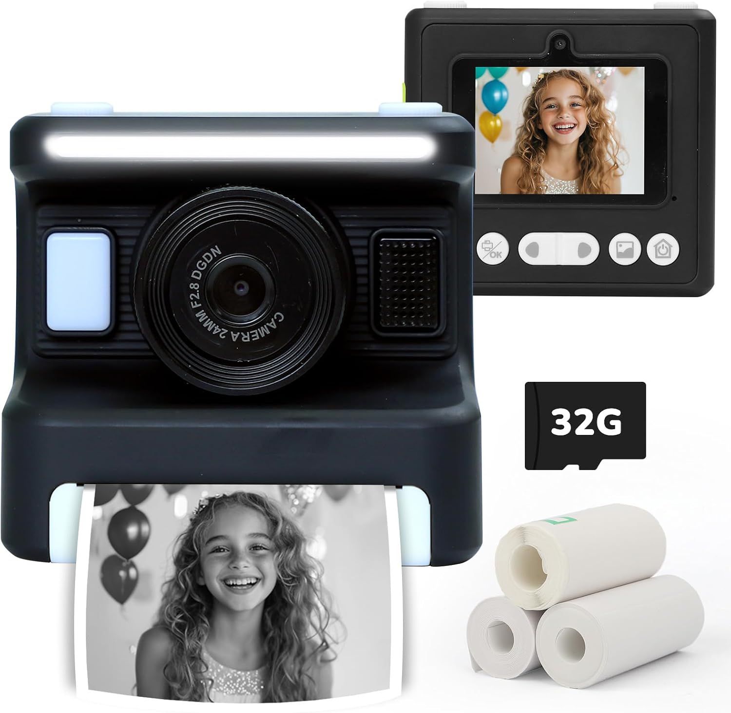 Shows the core sellable instant camera product with its key components including the camera unit, display screen, and included accessories to help shoppers understand what they will receive.…
