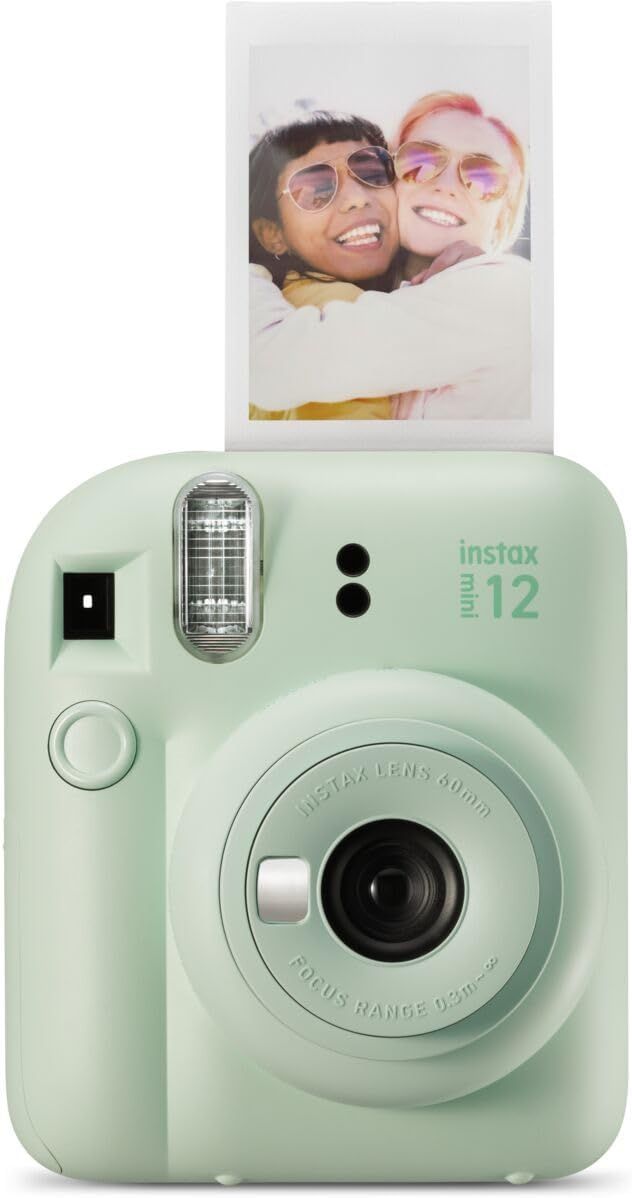 Shows the core product, an Instax Mini 12 instant camera, with a printed photo emerging from the top to demonstrate its instant photo printing capability and appeal to shoppers looking for a fun,…