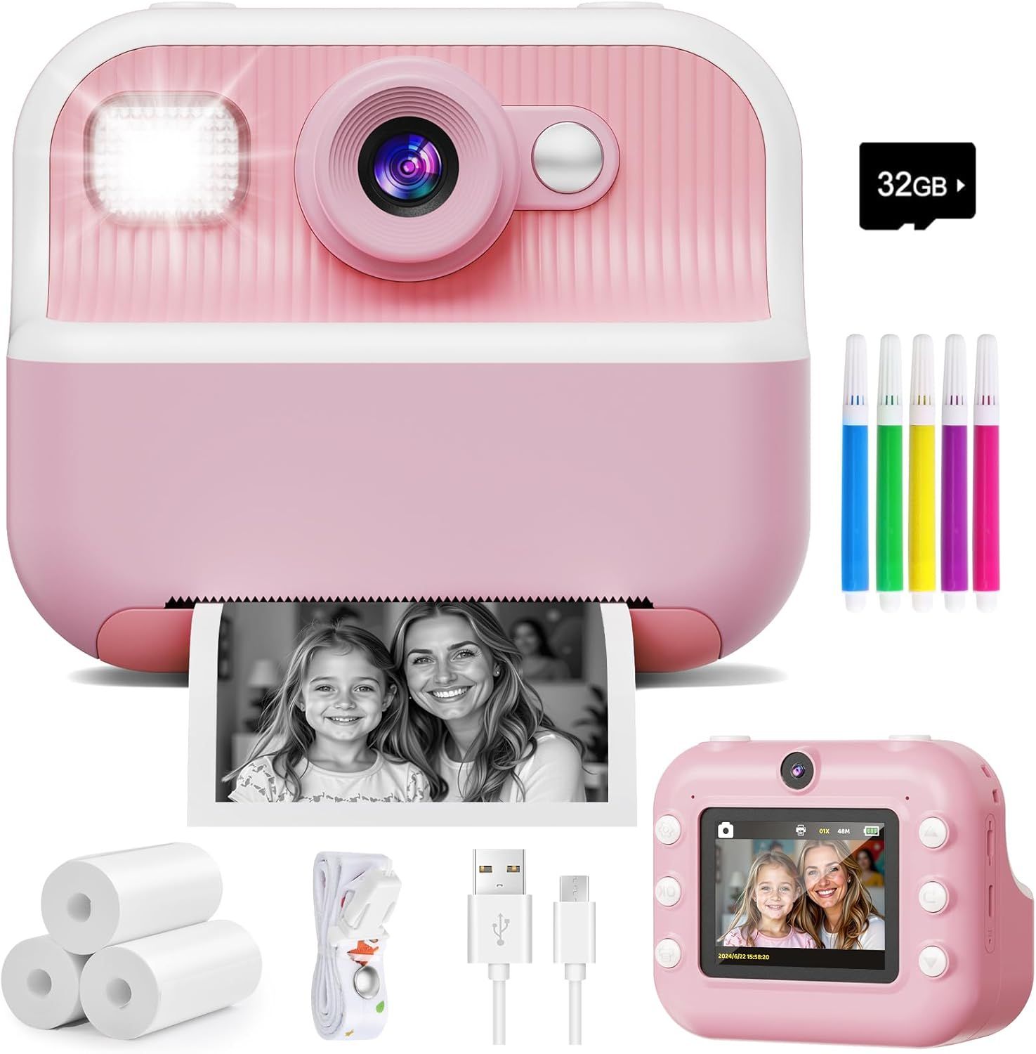 Shows the core product, a pink instant print camera for kids, along with all included accessories to communicate the complete package the buyer will receive. Displays all the included accessories…