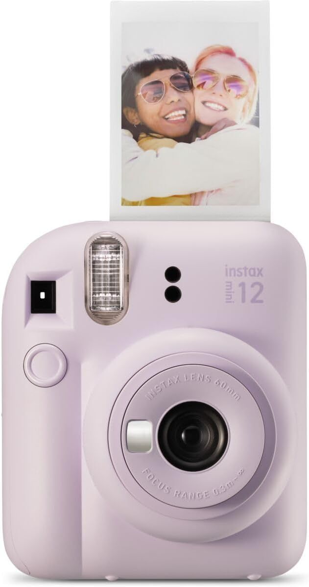 Shows the core product, an Instax Mini 12 instant camera in lavender, with a printed photo to demonstrate its instant photo printing capability and appeal to shoppers looking for a fun, nostalgic…