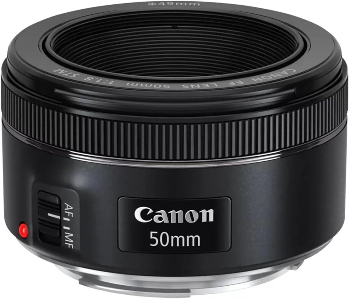Displays the Canon 50mm camera lens as the core sellable product in a clean catalog-style presentation, allowing shoppers to clearly see the product design, branding, and specifications.
