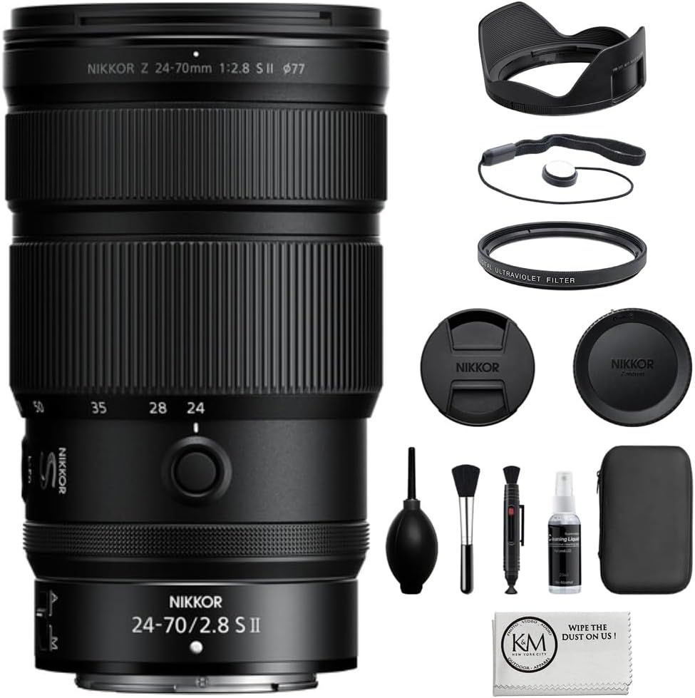 Displays the core Nikkor Z 24-70mm lens clearly so shoppers can see the product they are purchasing. Shows all included accessories such as lens hood, caps, filter, cleaning tools, and carrying case…