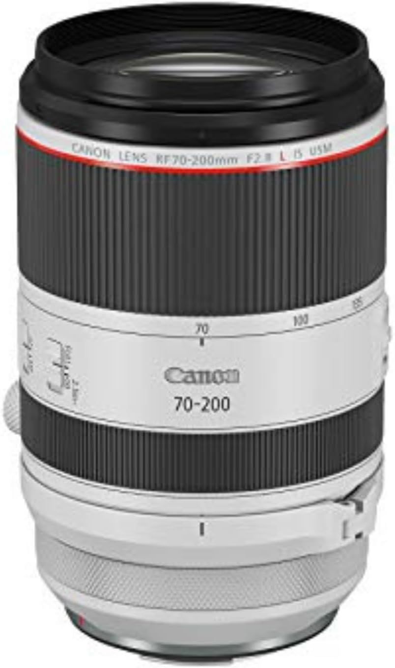 Displays the Canon RF 70-200mm F2.8 L IS USM lens in a clean catalog style to show the product's professional design, build quality, and key specifications clearly visible on the lens body.