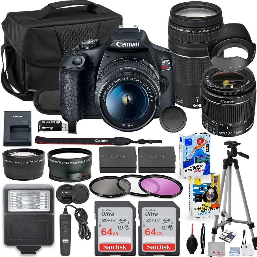 Displays the complete Canon EOS camera bundle with all included components to show shoppers exactly what they will receive in their purchase. Shows all included accessories such as multiple lenses,…