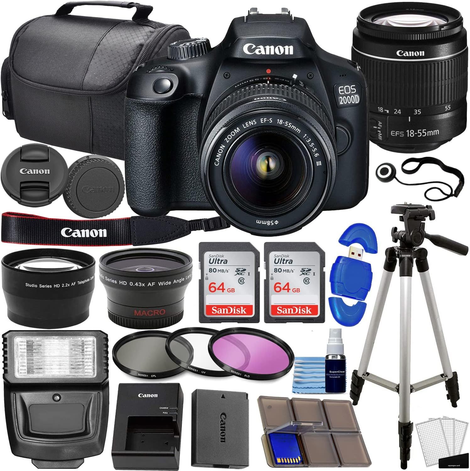Displays the Canon EOS 2000D camera as the core product along with all included accessories and bundle items to show the complete package the buyer will receive. Shows all the included accessories…