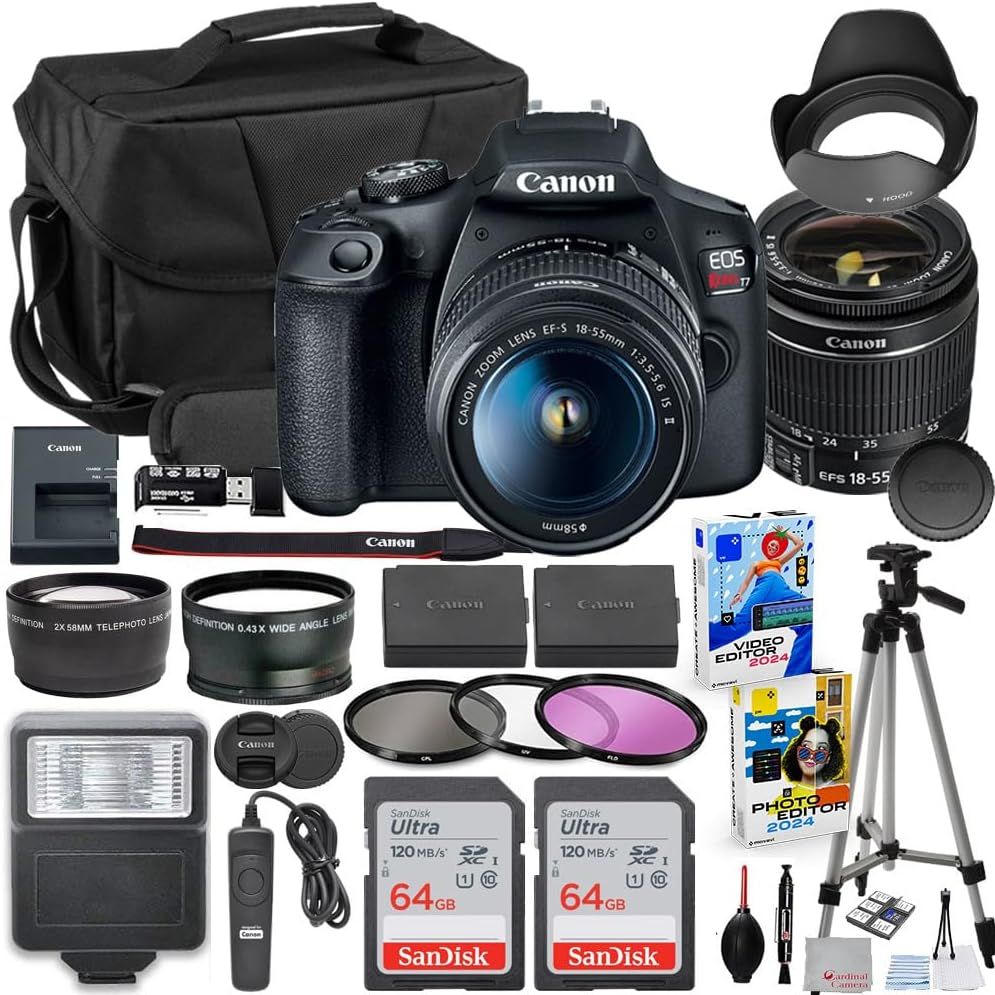 Displays the Canon EOS camera as the core product along with all included accessories and extras to show the complete bundle package the buyer will receive. Shows all the included accessories and…