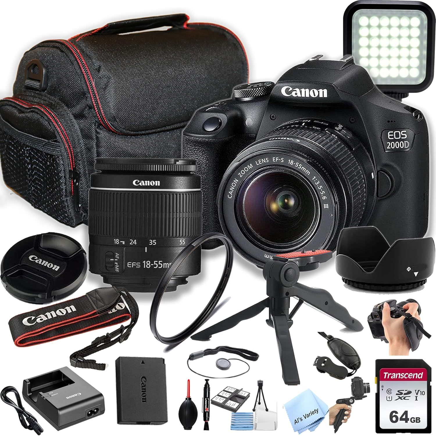Displays the core sellable product, a Canon EOS 2000D DSLR camera with 18-55mm lens, as the central hero item for shoppers to identify what they are purchasing. Shows all included accessories and…