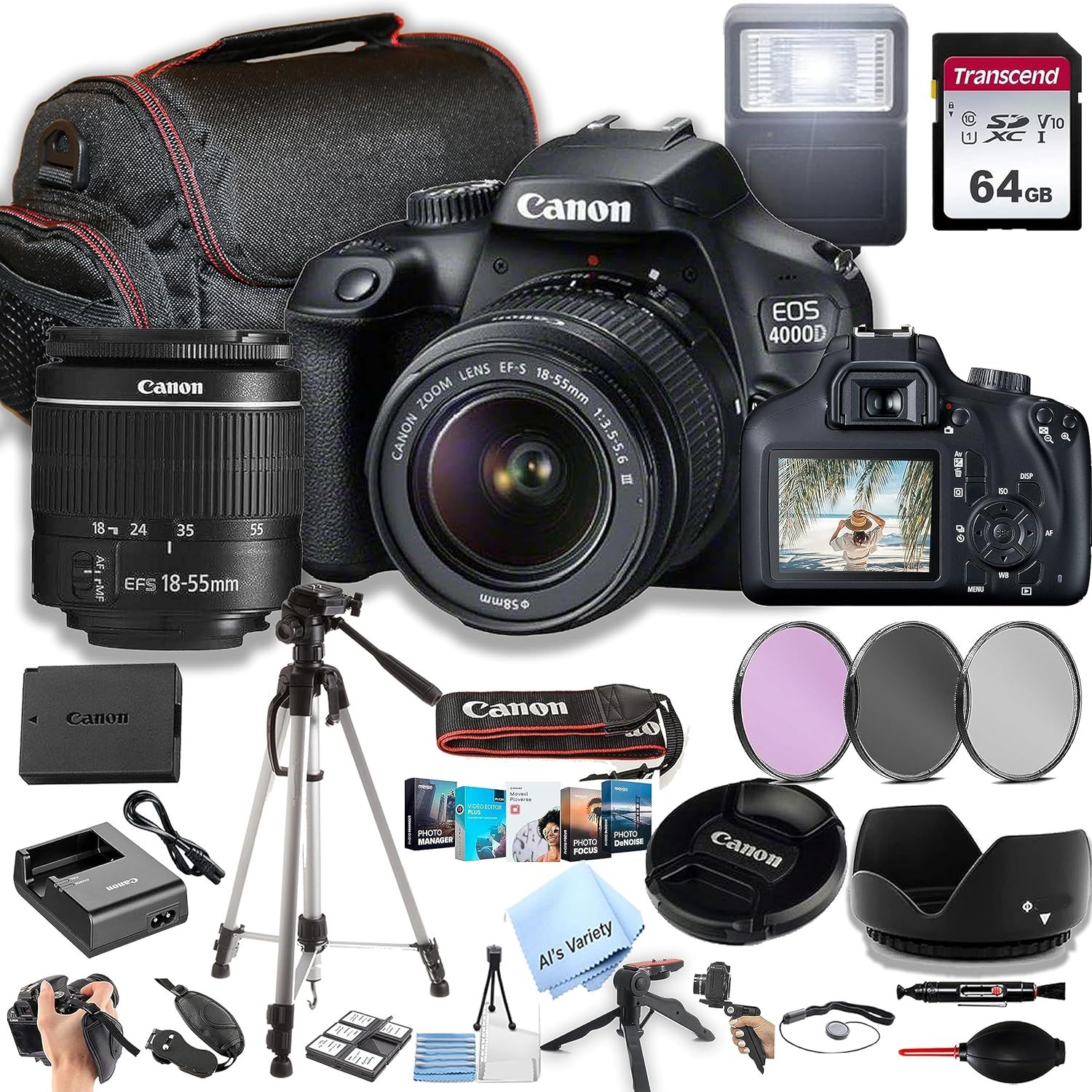 Displays the Canon EOS 4000D camera as the core product along with all included accessories and parts to show the complete bundle package the shopper will receive. Shows all the included accessories…