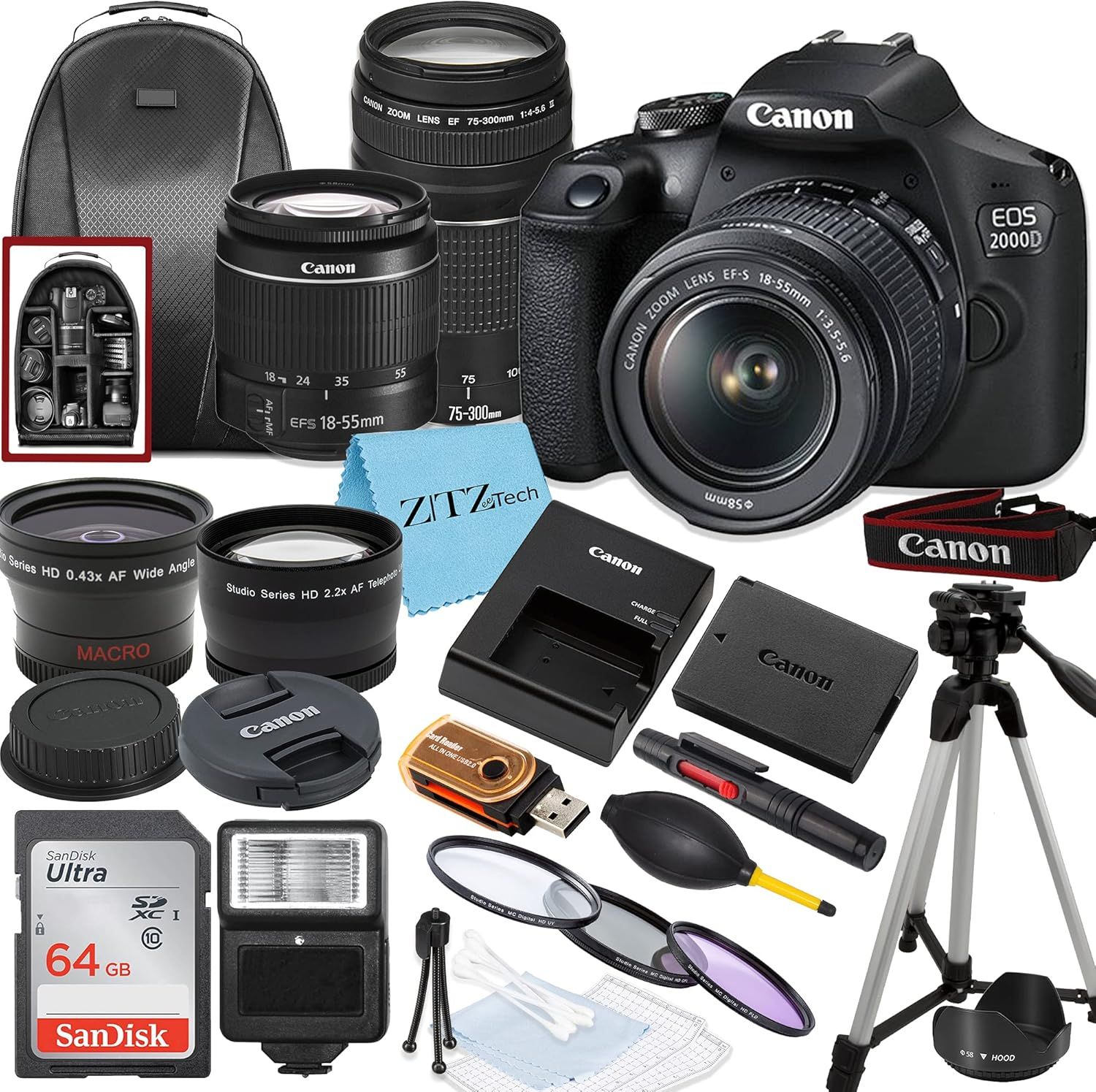 Displays the Canon EOS 2000D camera as the core product along with all the included accessories and components that make up the complete photography bundle. Shows all the included accessories and…