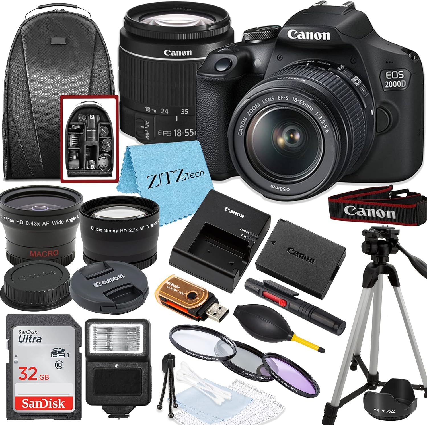 Displays the Canon EOS 2000D camera as the core product along with all included accessories and extras to show the complete bundle package the shopper will receive. Shows all the included…
