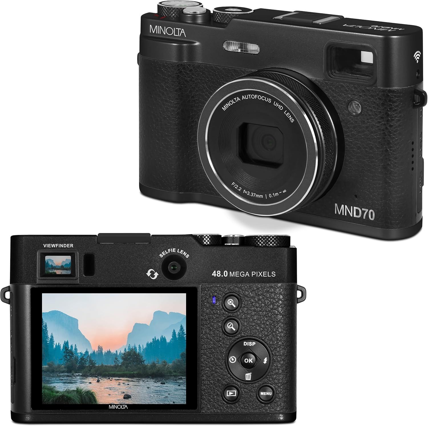 Shows the complete camera product from both front and back angles to give shoppers a comprehensive view of the design, controls, screen, and key features like the viewfinder, selfie lens, and 48.0…