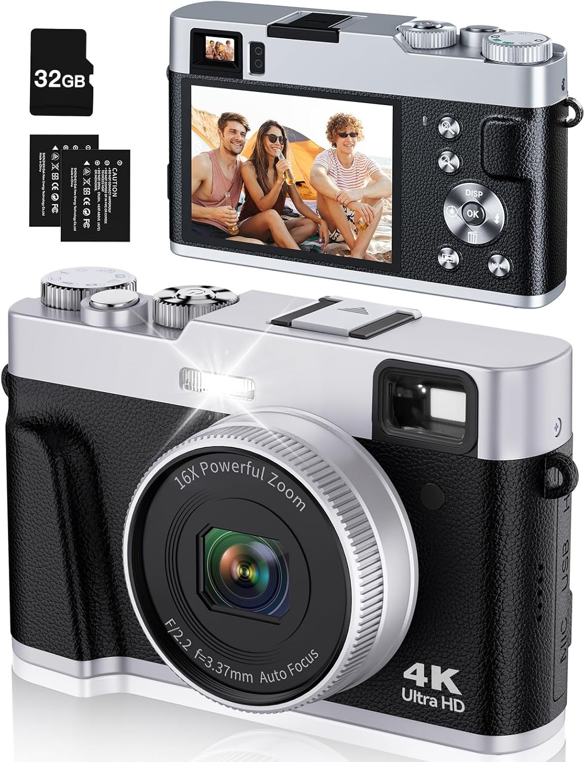 Shows the core digital camera product from multiple angles to communicate its design, flip screen functionality, and key technical specifications like 4K video and zoom capability. Displays the…