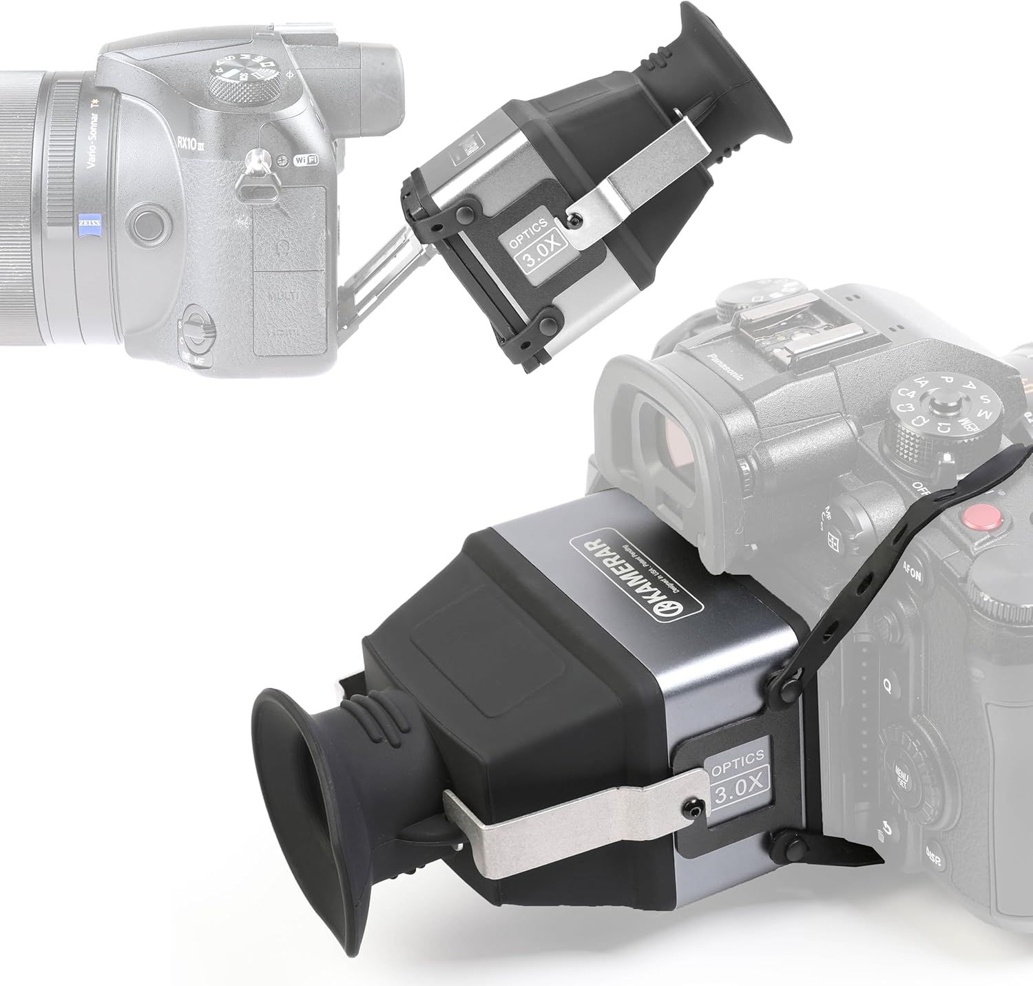 Shows the core product, a camera viewfinder attachment with 3.0X magnification, clearly displayed to help shoppers understand what they are purchasing. Demonstrates how the viewfinder attaches to…
