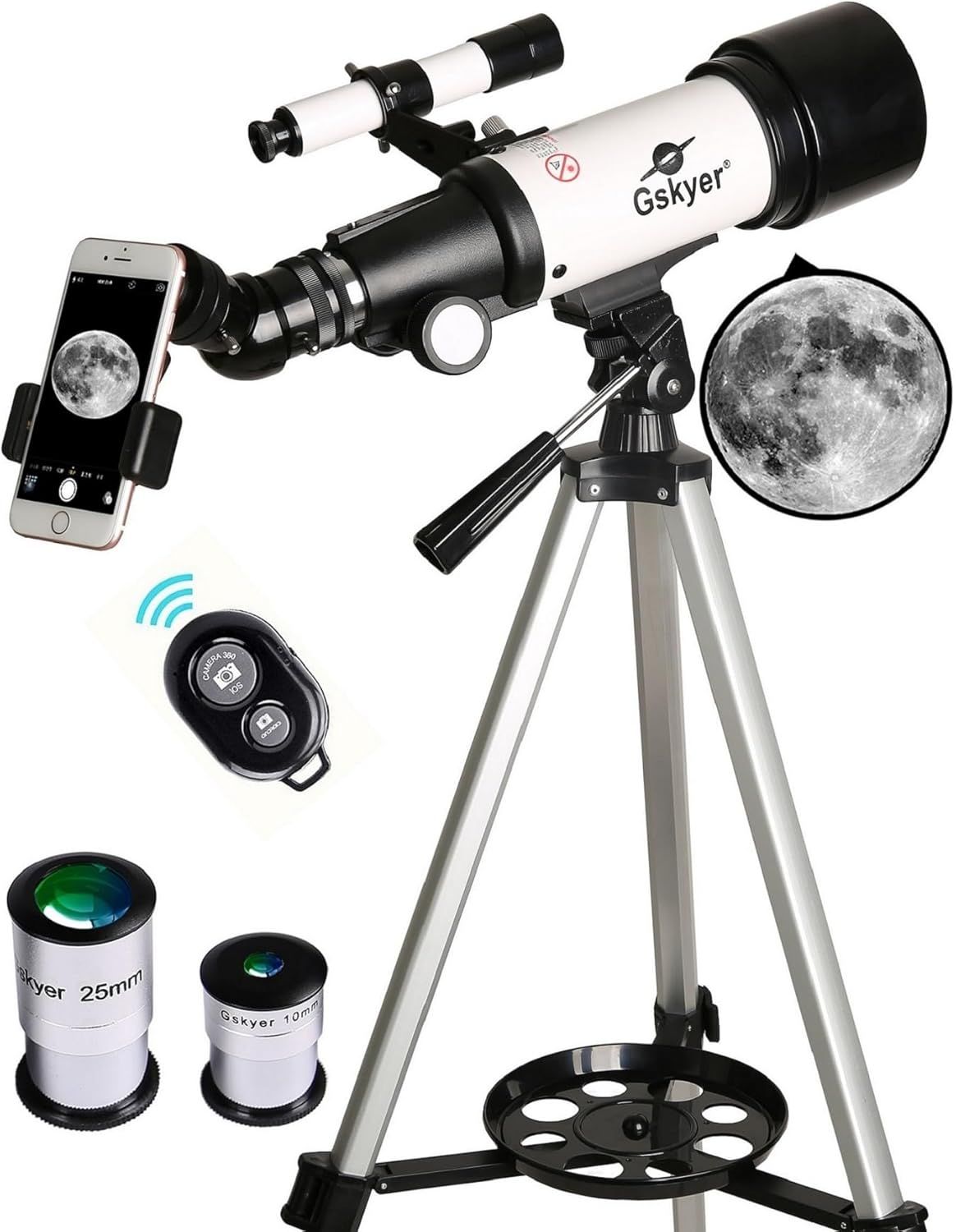 Shows the complete telescope package including the main telescope unit, tripod mount, and all included accessories to communicate the full value of the purchase. Displays all the included…