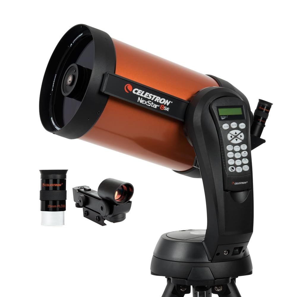 Displays the core telescope product with included accessories (eyepiece and red dot finder) to show shoppers exactly what they will receive in the package. Shows the additional included accessories…