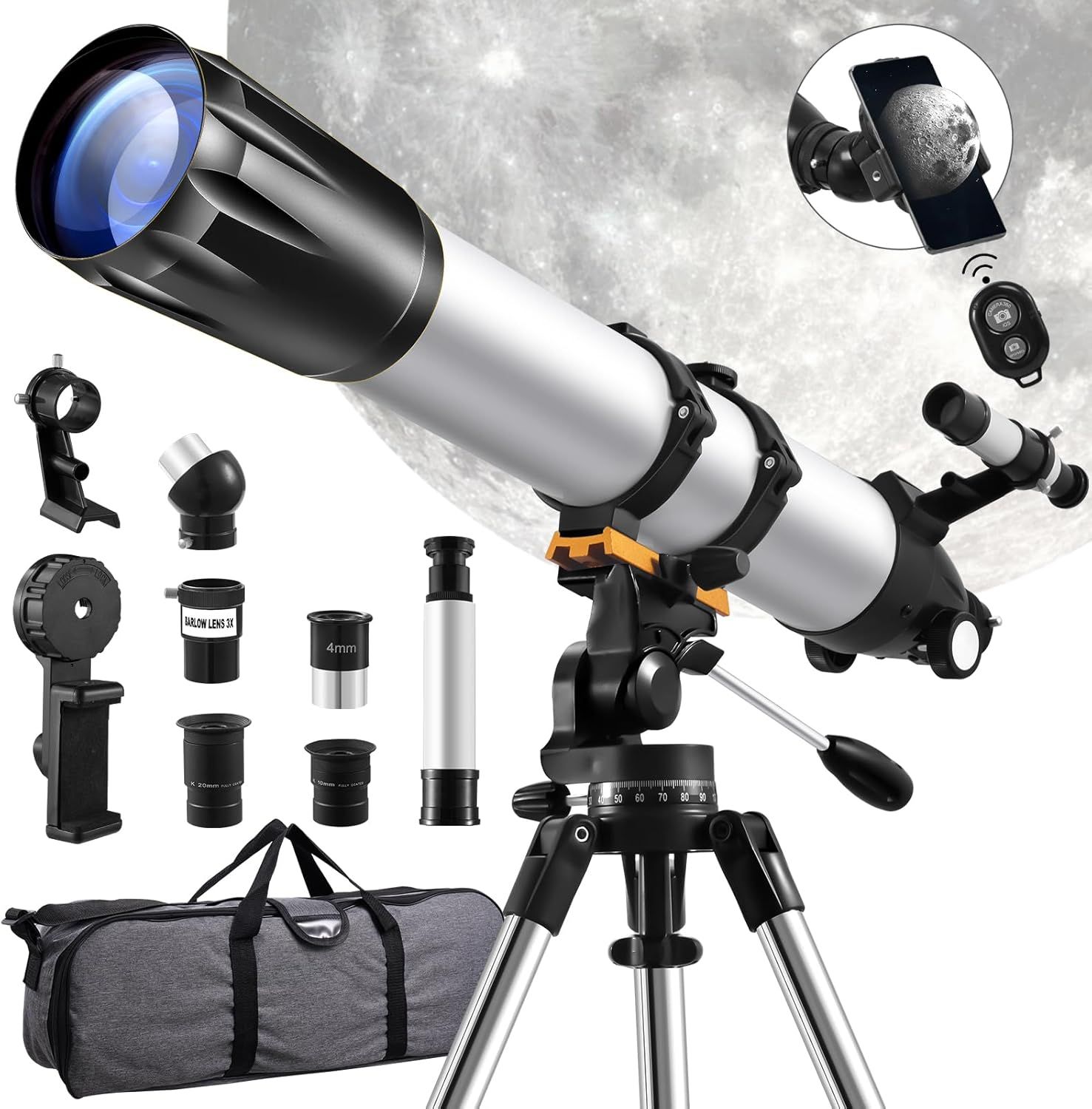Displays the core telescope product along with all included accessories and components to show the shopper exactly what they will receive in the complete kit. Showcases the extensive array of…