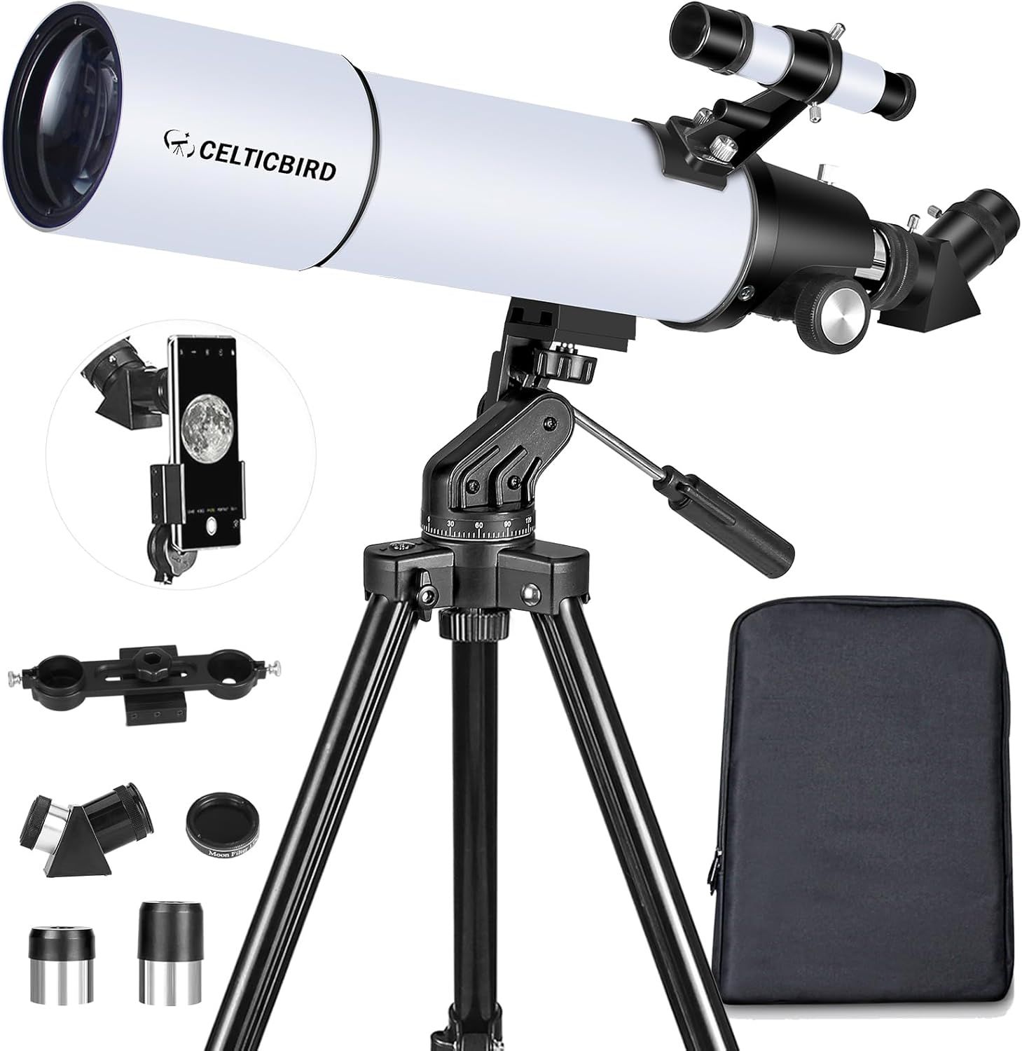 Displays the core telescope product along with its tripod mount to show shoppers the main item they are purchasing and how it is set up for use. Shows all the included accessories such as phone…