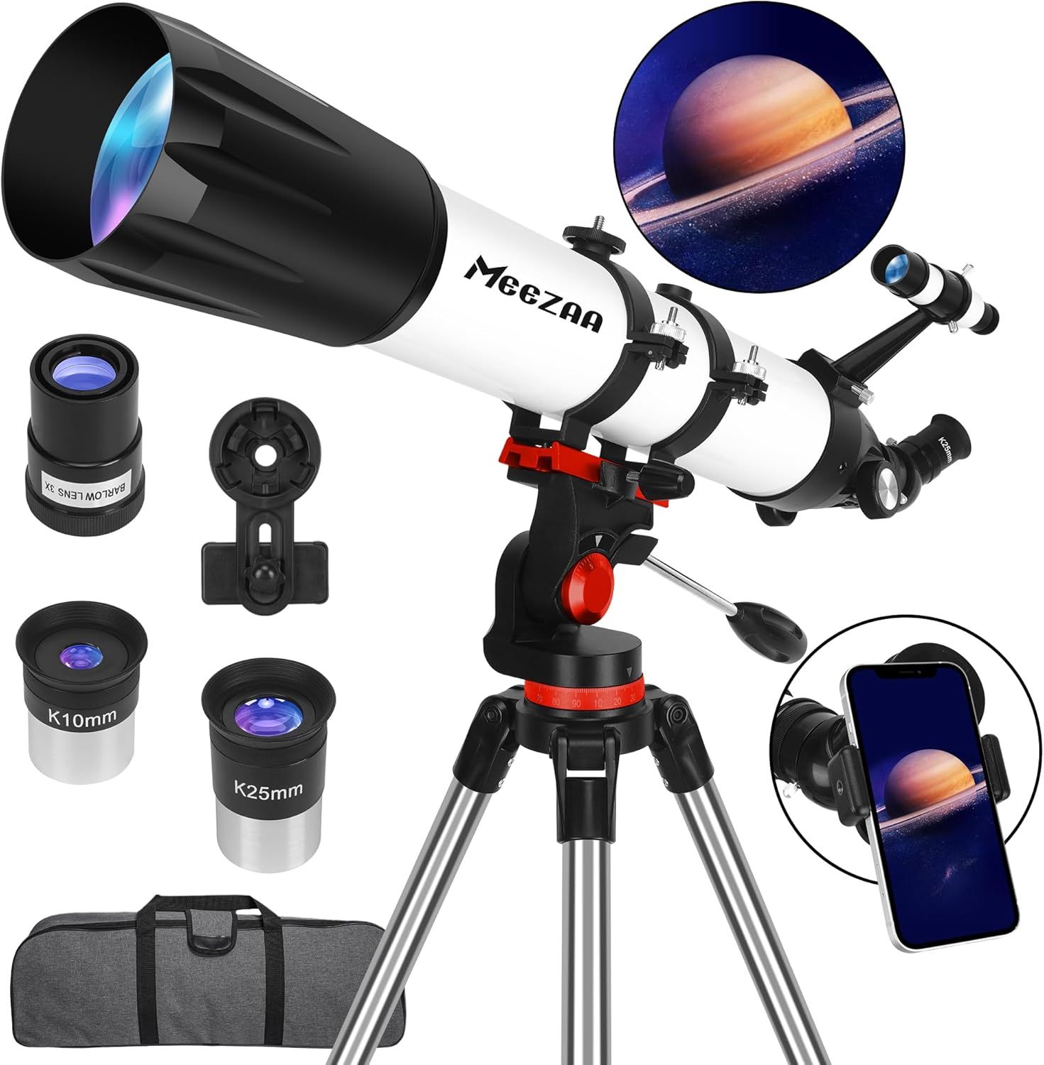 Displays the core telescope product along with its complete set of components to show shoppers exactly what they will receive in the package. Showcases all included accessories and attachments such…