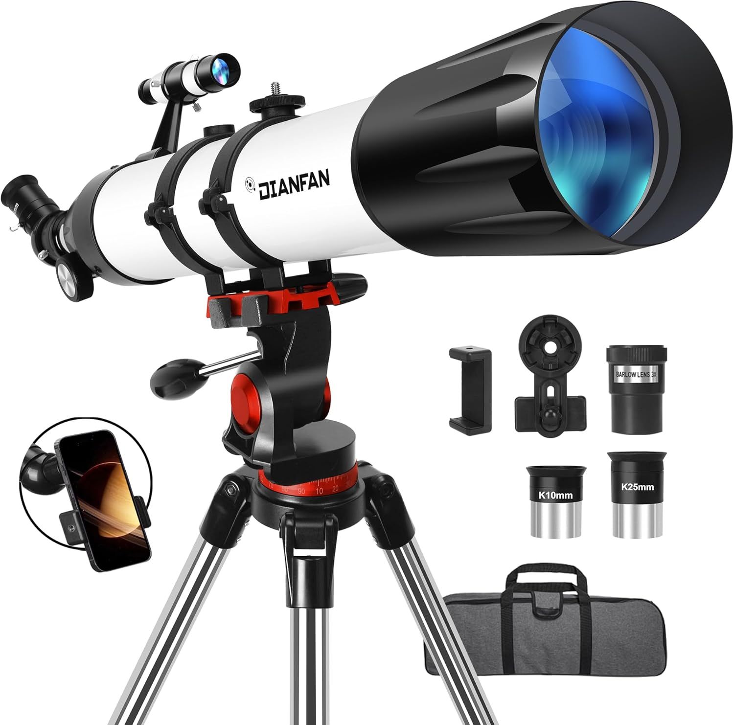 Displays the core telescope product mounted on its tripod to show shoppers exactly what they are purchasing. Shows all the included accessories such as phone adapter, eyepieces, Barlow lens, and…