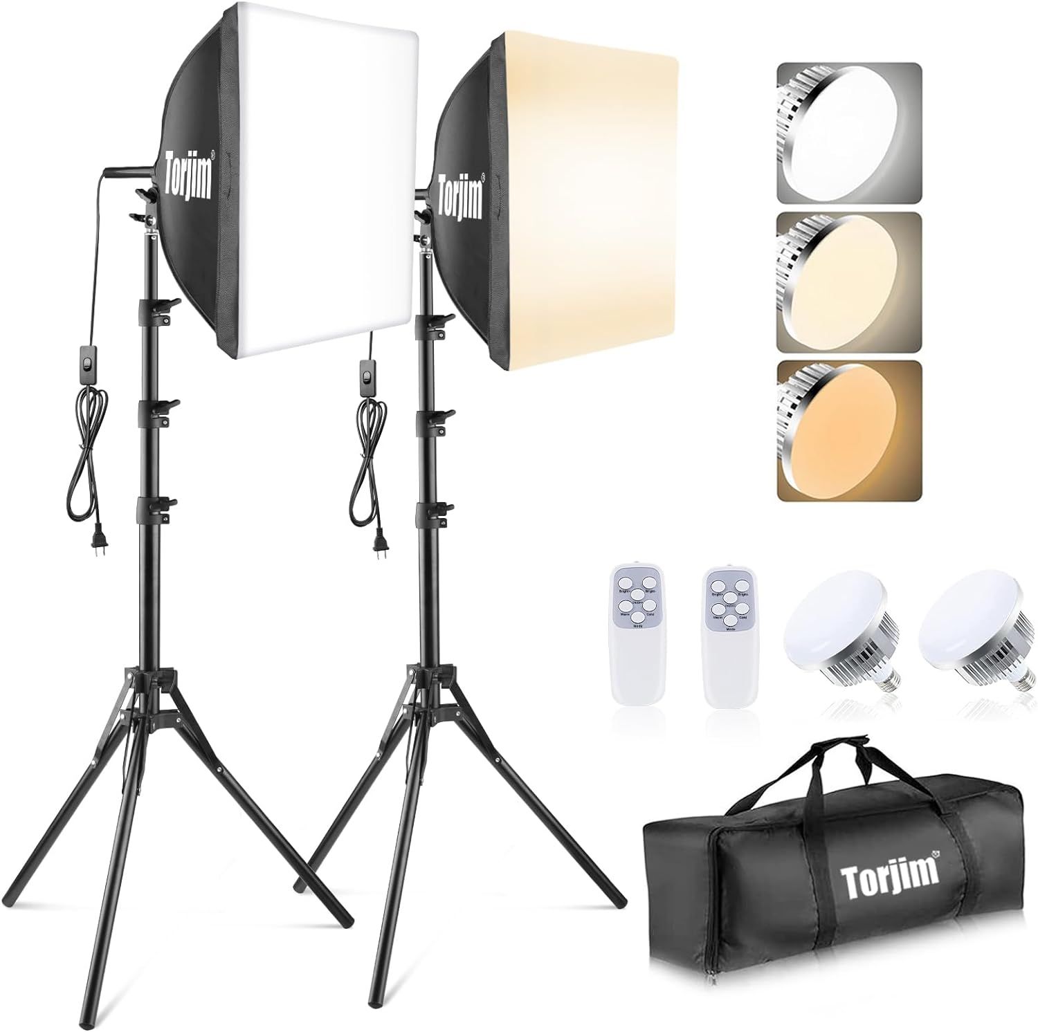 Displays the complete softbox lighting kit with all core components to show shoppers exactly what they will receive in their purchase. Shows all included accessories such as remote controls, spare…