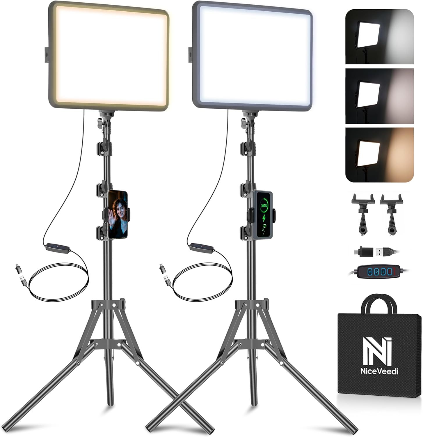 Shows the complete lighting kit with two LED panels on tripods, phone mounts, and accessories to communicate the full package the buyer will receive. Displays all included accessories and components…