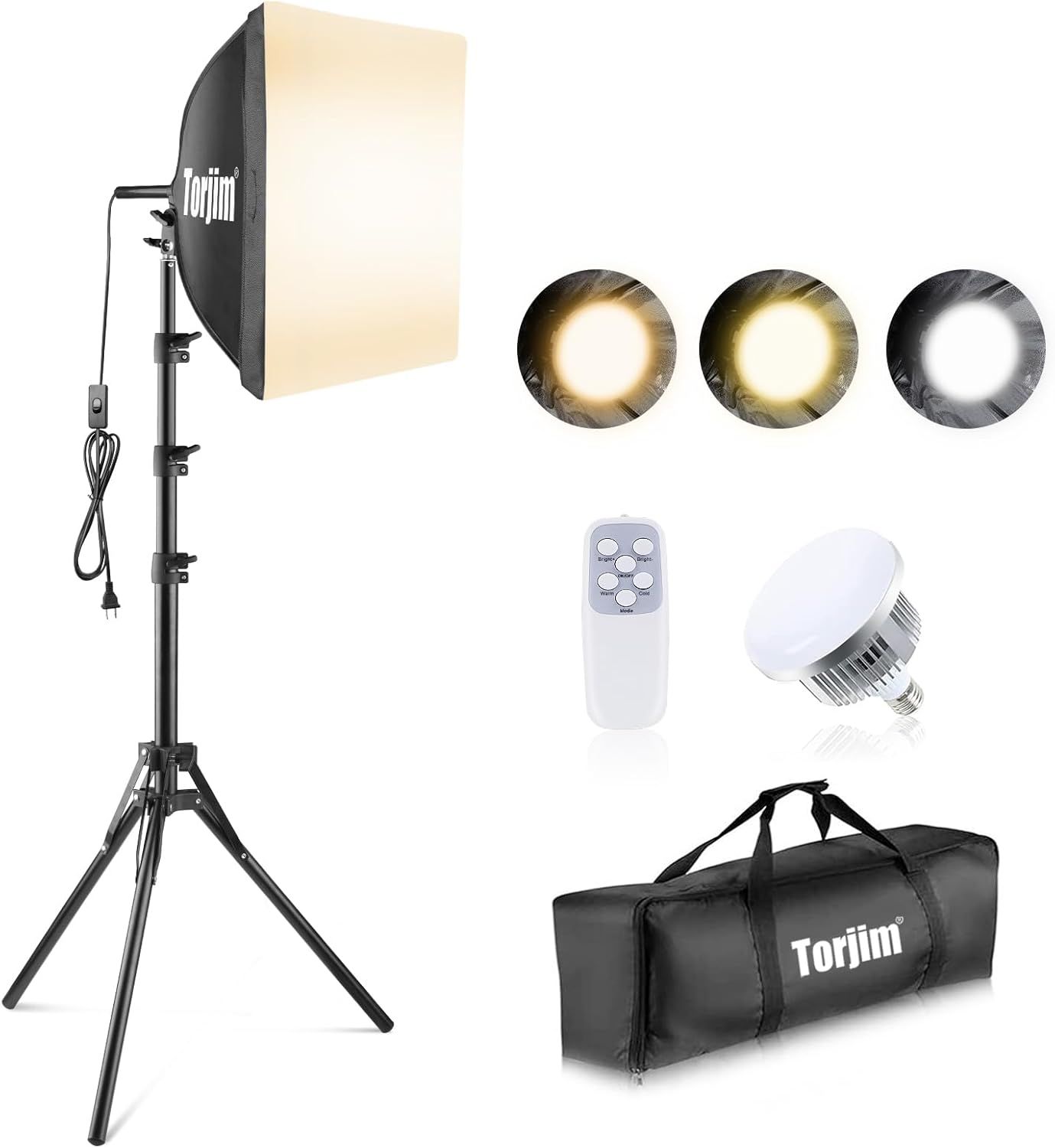 Displays the complete photography lighting kit including the softbox light on stand, showing shoppers exactly what the core product looks like and its professional setup. Shows all the included…