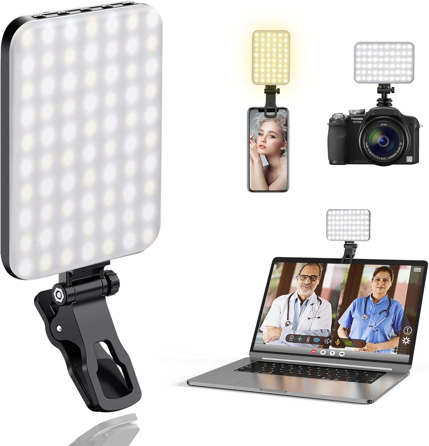 Shows the core product—an LED video light with adjustable clip mount—and demonstrates its versatility by showing it attached to multiple devices (phone, camera, laptop) for video calls, photography,…
