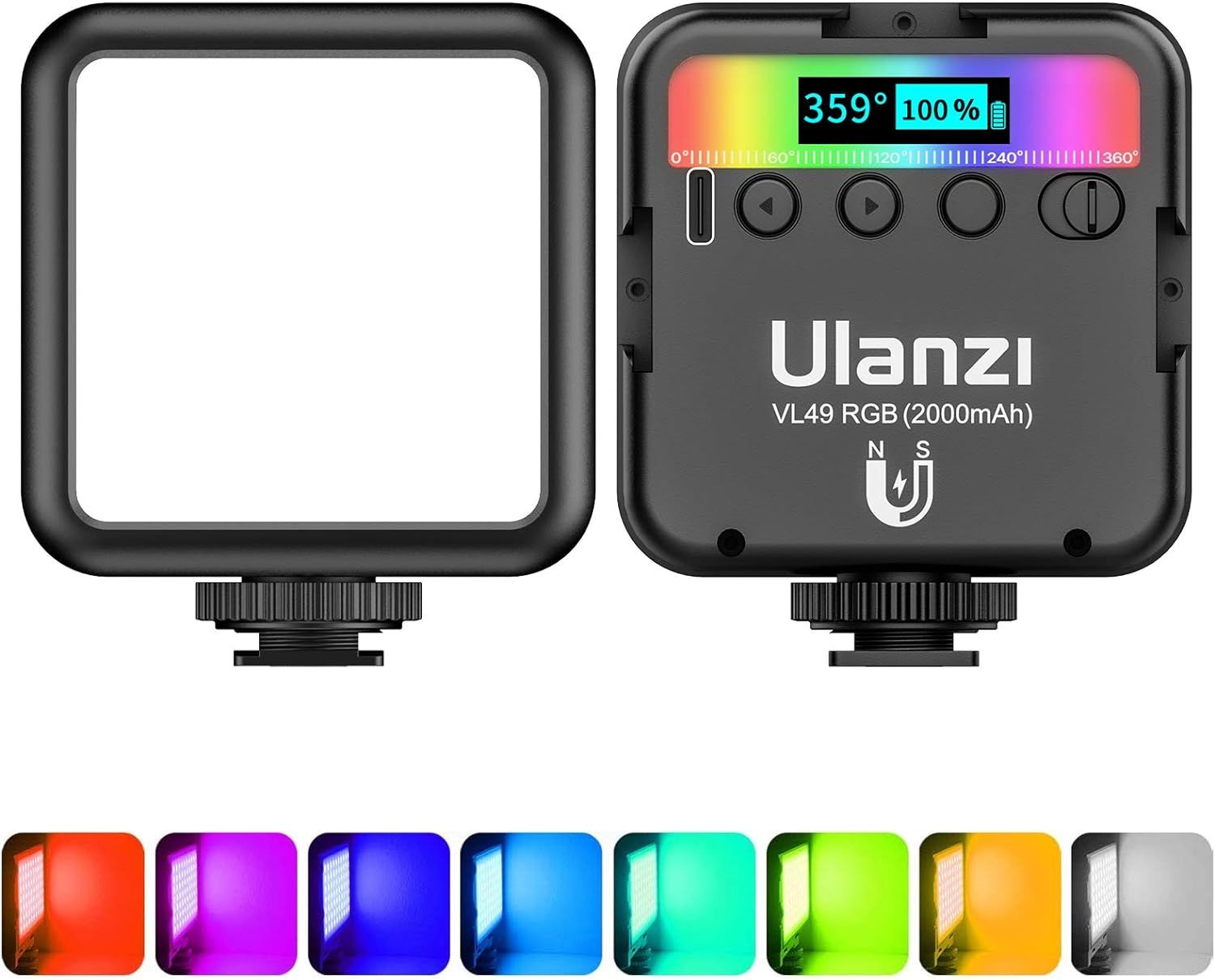 Shows the core product from front and back views to communicate its key features including RGB color capability, digital controls, battery capacity, and magnetic mounting system. Displays the…