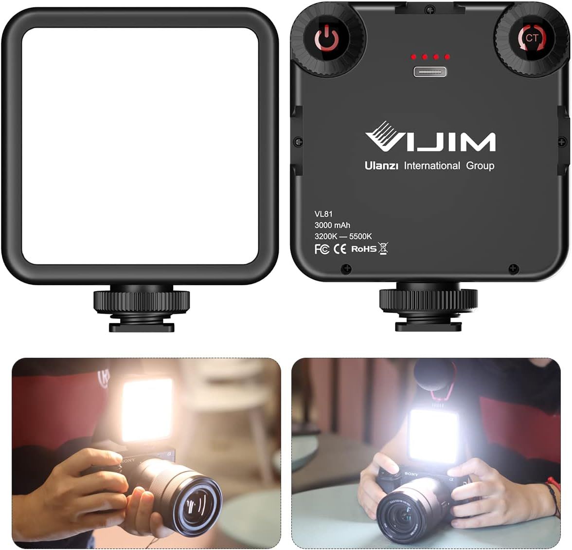 Shows the core product from multiple angles (front, back, and in-use) to communicate its design, specifications, and mounting capability for cameras. Demonstrates the product actively illuminating…