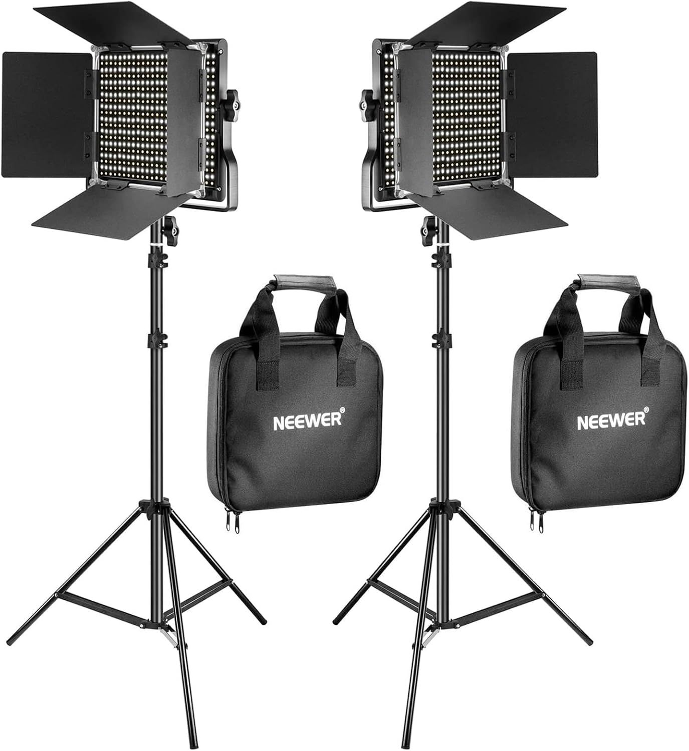 Shows the complete professional lighting kit including two LED panel lights with barn doors, adjustable tripod stands, and branded carrying cases to communicate the full value and portability of the…